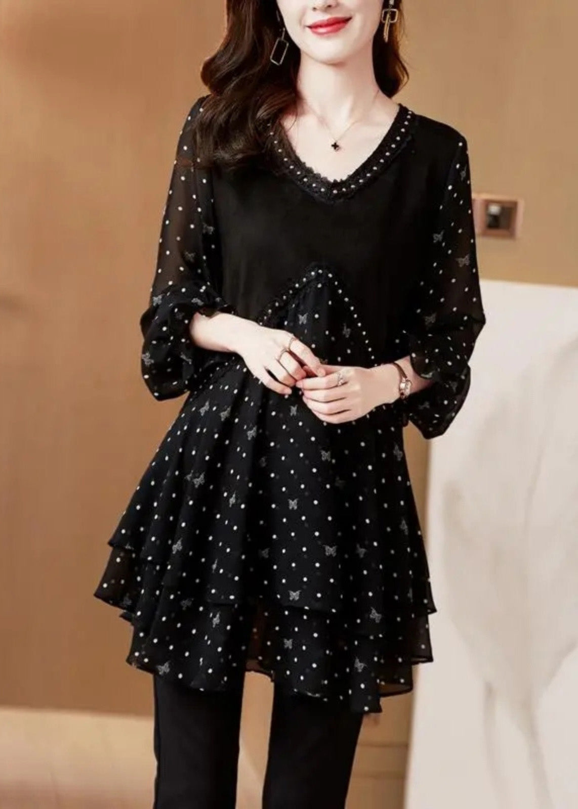 Black Print Stylish Dot V Neck Flare Chiffon Shirt Patchwork