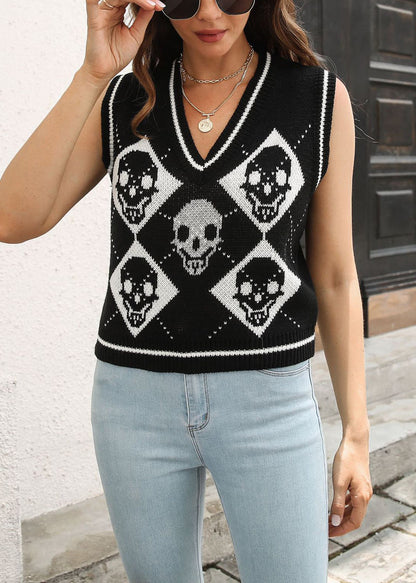 Stylish Black V Neck Hollow Out Knit Vest Sleeveless AE1022