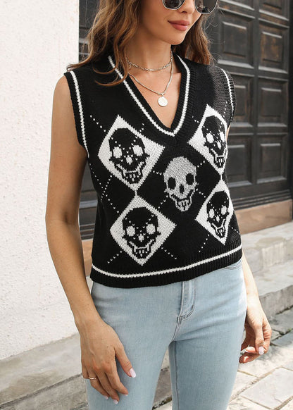 Stylish Black V Neck Hollow Out Knit Vest Sleeveless AE1022