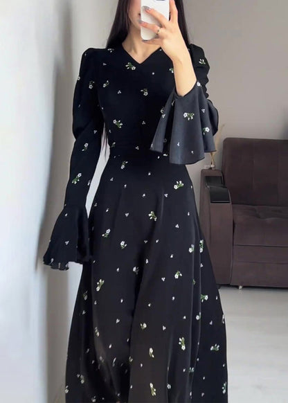 Stylish Black V Neck Print Cotton Maxi Dresses Butterfly Sleeve QL010