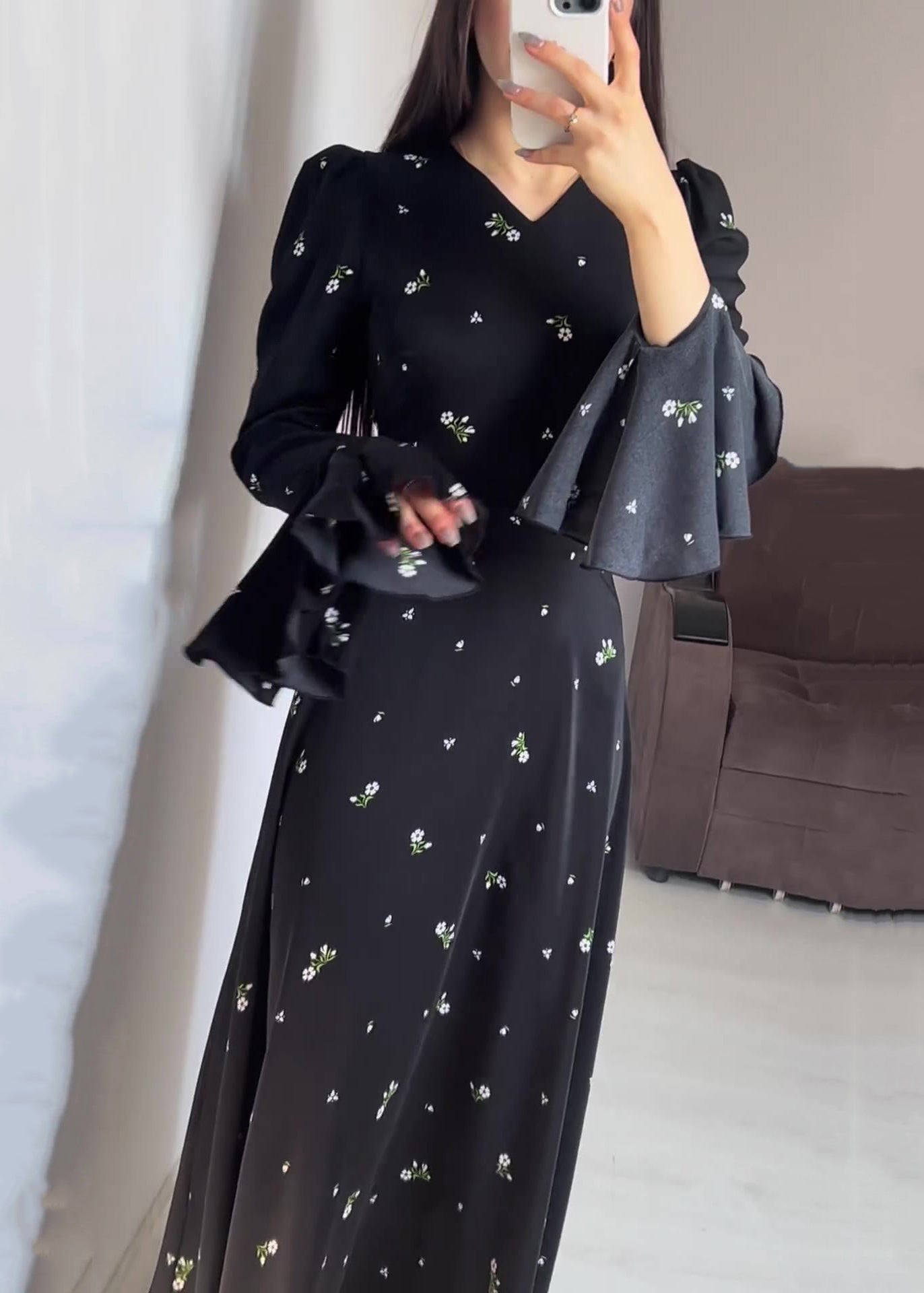 Stylish Black V Neck Print Cotton Maxi Dresses Butterfly Sleeve QL010