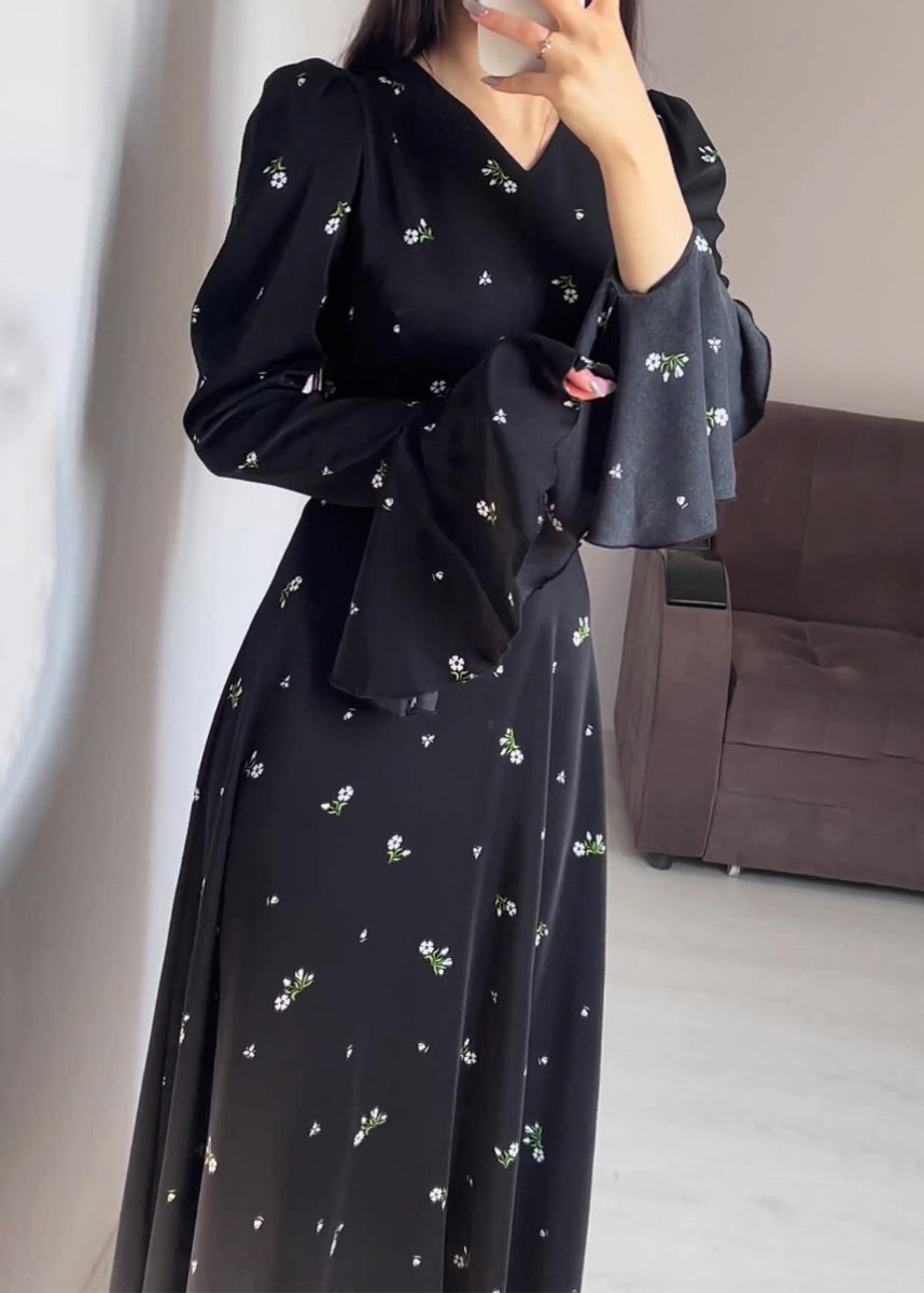 Stylish Black V Neck Print Cotton Maxi Dresses Butterfly Sleeve QL010