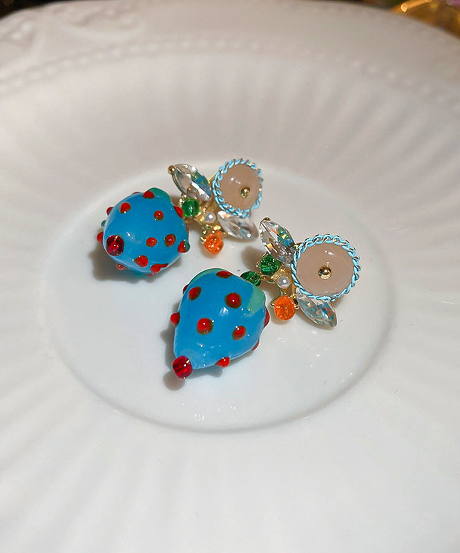 Coloured Zircon Drop Blue Earrings Glaze Strawberry Stylish Alloy