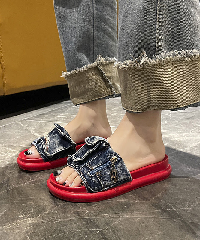 Stylish Blue Denim Platform Slide Sandals Peep Toe JJ055