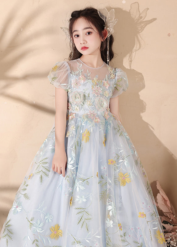 Stylish Blue Embroideried Patchwork Tulle Girls Maxi Dress Summer QV025