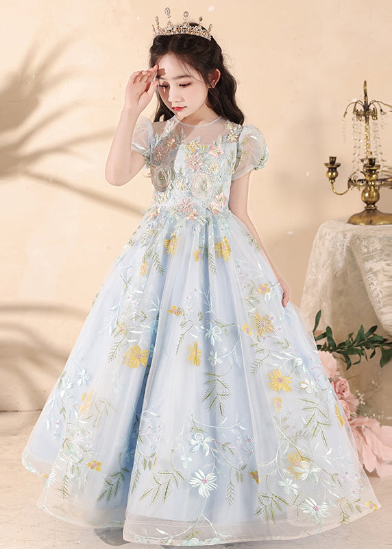 Stylish Blue Embroideried Patchwork Tulle Girls Maxi Dress Summer QV025