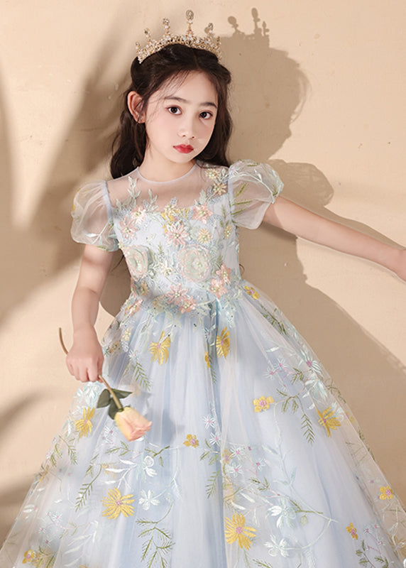 Stylish Blue Embroideried Patchwork Tulle Girls Maxi Dress Summer QV025