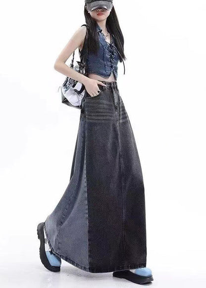 Stylish Blue Patchwork High Waist Denim Maxi Skirts Summer EE1025