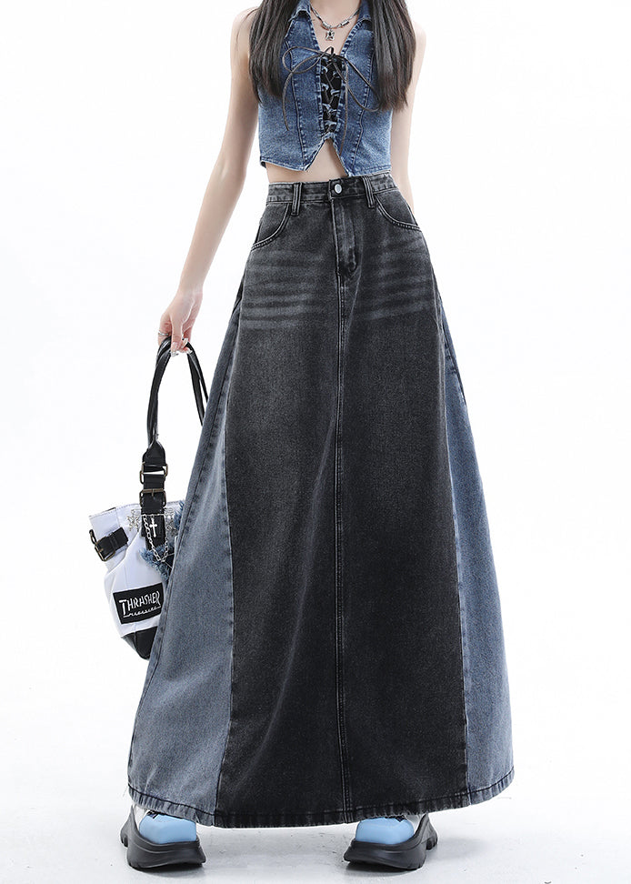 Stilvolle Blau Patchwork Hohe Taille Denim Maxi Röcke Sommer EE1025