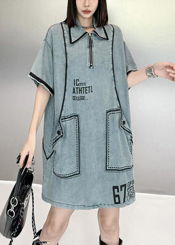 Stylish Blue Peter Pan Collar Graphic Denim Mid Dresses Summer QK018