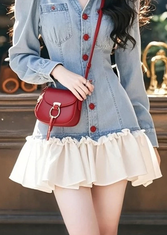 Pan Collar Blue Mini Peter Ruffled Patchwork Stylish Denim