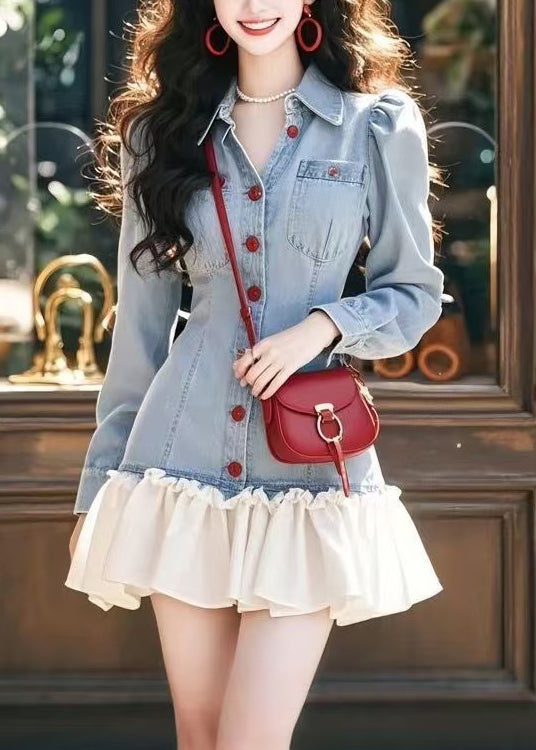 Pan Collar Blue Mini Peter Ruffled Patchwork Stylish Denim