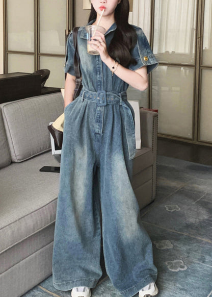 Stylish Blue Peter Pan Collar Tie Waist Denim Jumpsuits Summer RU029