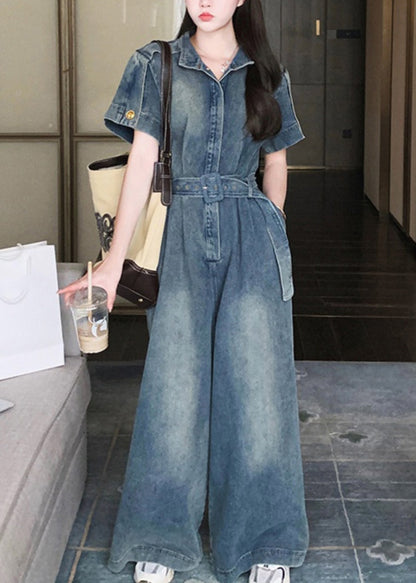 Stylish Blue Peter Pan Collar Tie Waist Denim Jumpsuits Summer RU029