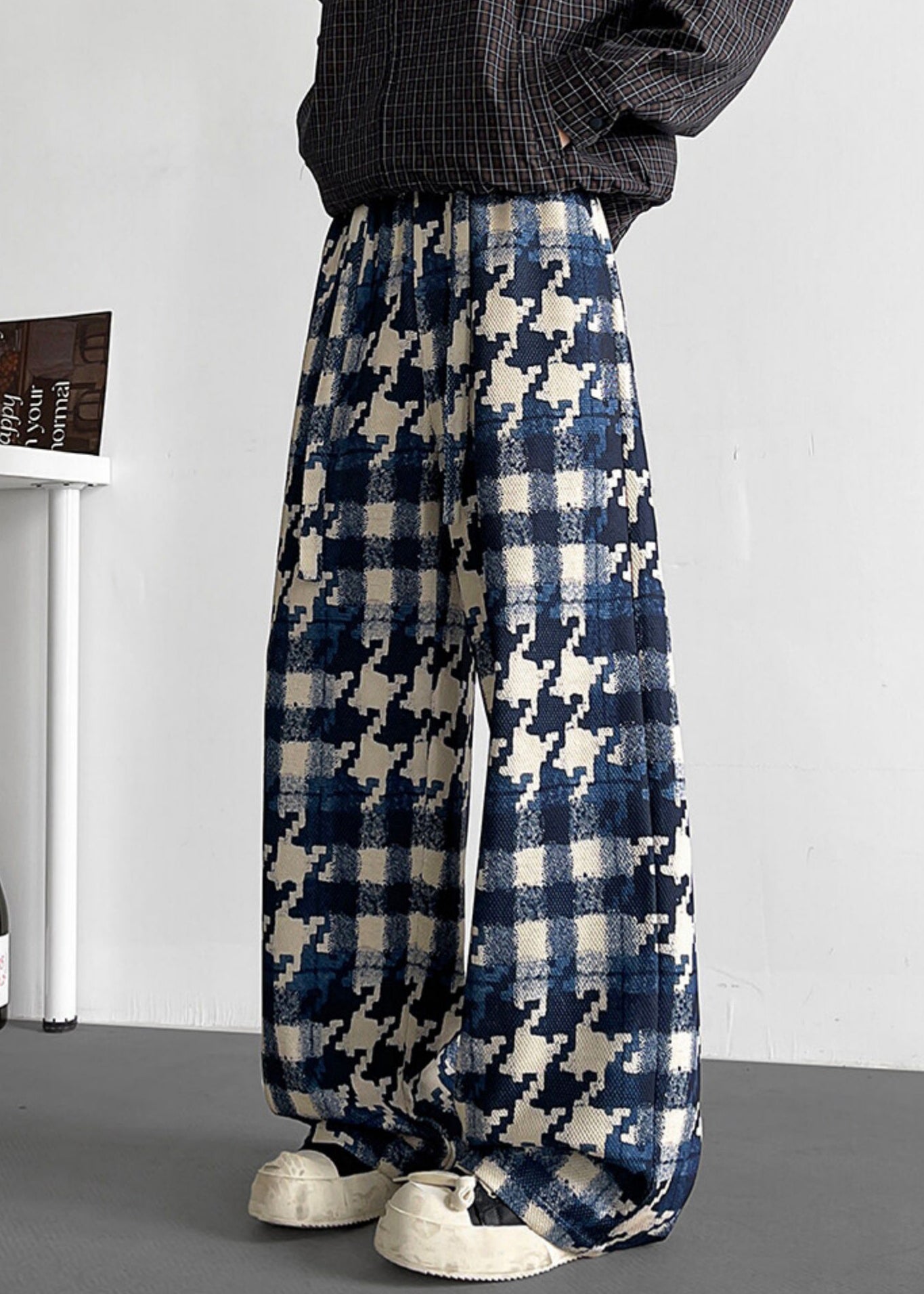 Elastic Waist Mens Cotton Plaid Stylish Fall Pants Blue