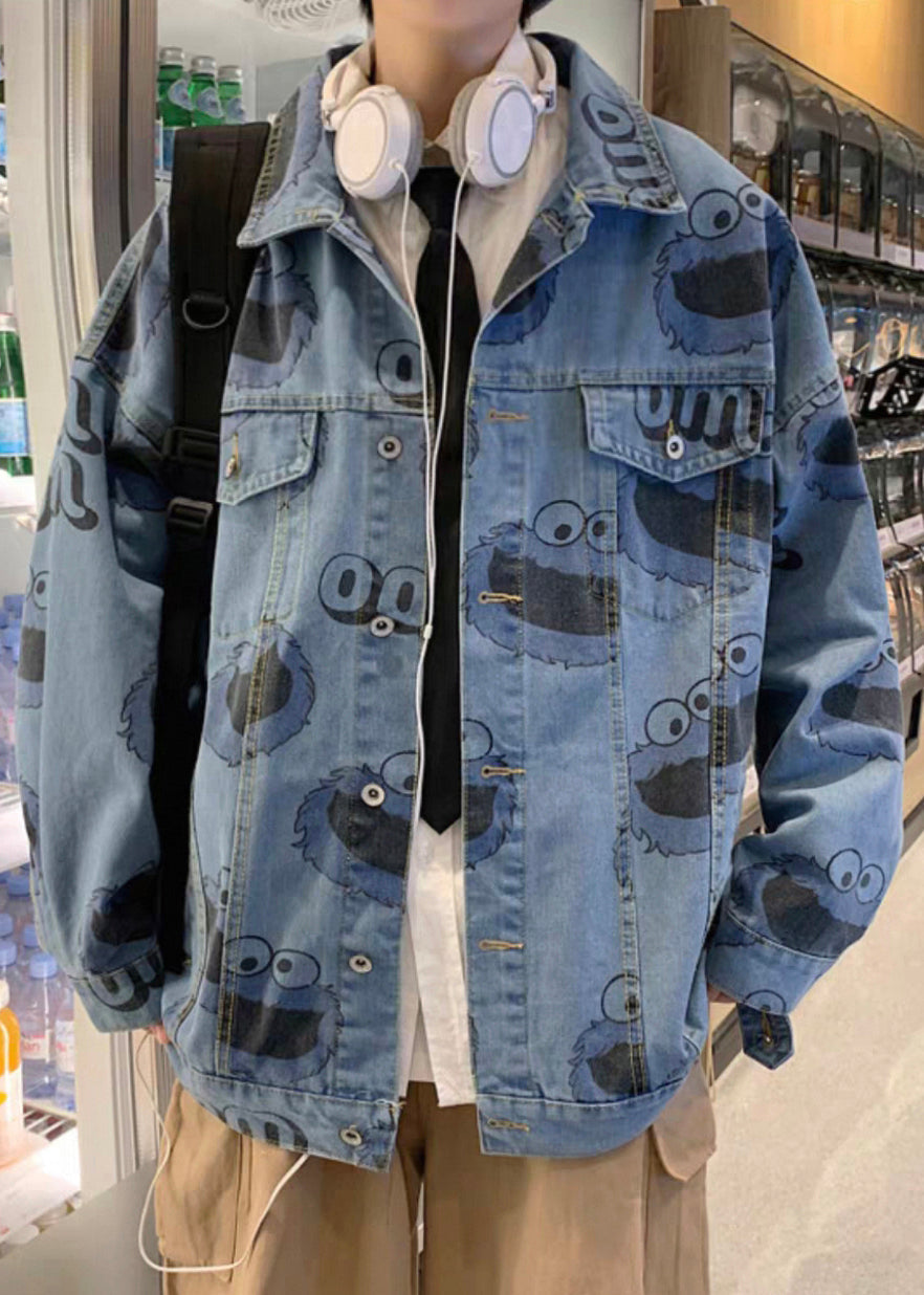 Stylish Mens Button Blue Spring Print Coats Denim