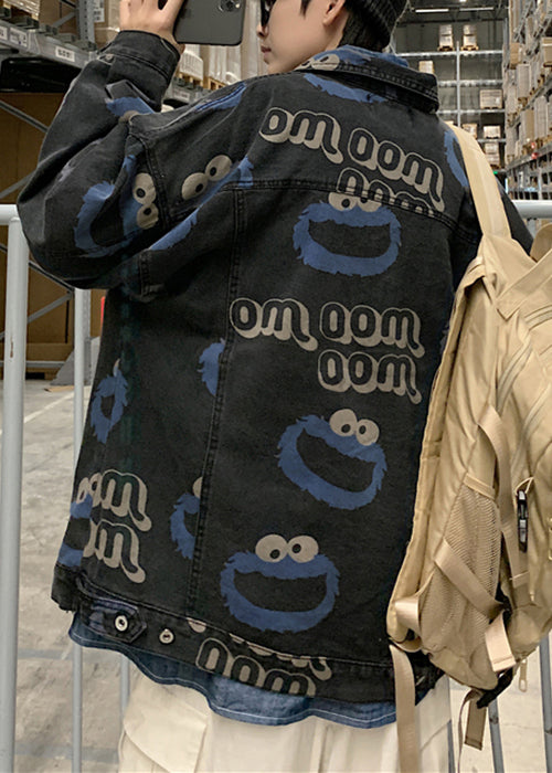 Stylish Mens Button Blue Spring Print Coats Denim