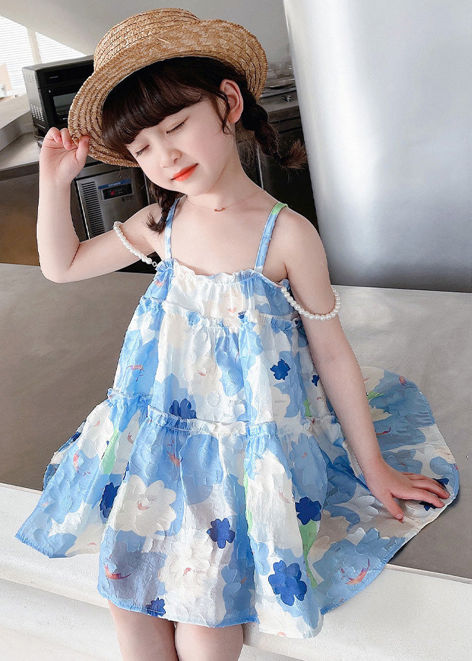 Stylish Blue Ruffled Print Cotton Girls Mid Dress Sleeveless EW064