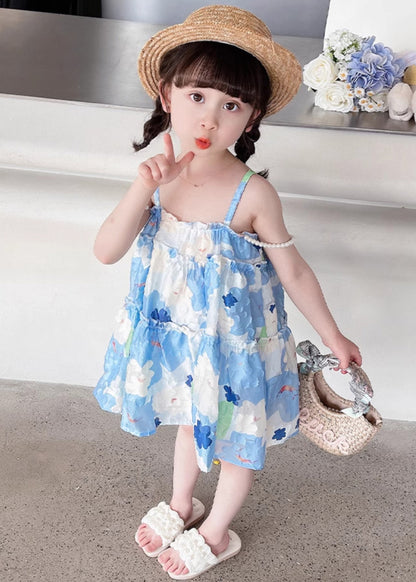 Stylish Blue Ruffled Print Cotton Girls Mid Dress Sleeveless EW064