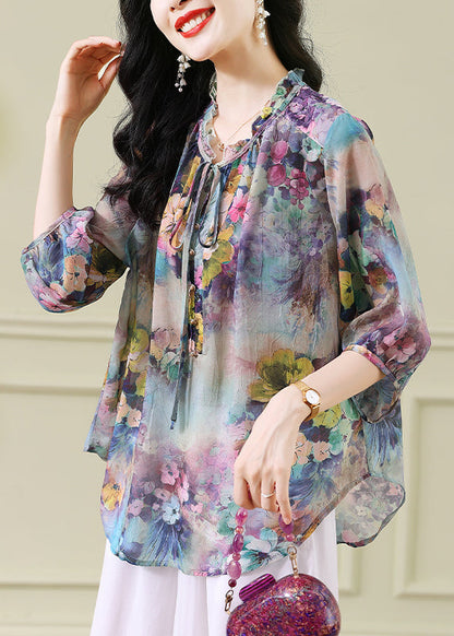 Stylish Blue Ruffled Print Lace Up Chiffon Top Half Sleeve AB1031