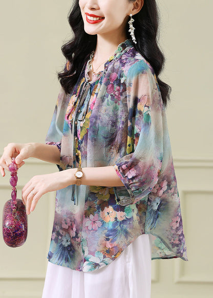 Stylish Blue Ruffled Print Lace Up Chiffon Top Half Sleeve AB1031