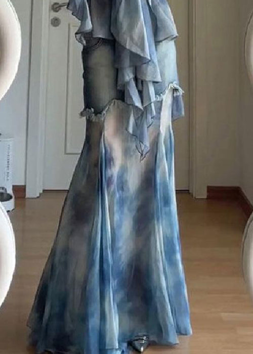 Dye Set Pieces Stylish Patchwork Tulle Tie Two Flare Up Lace Blue