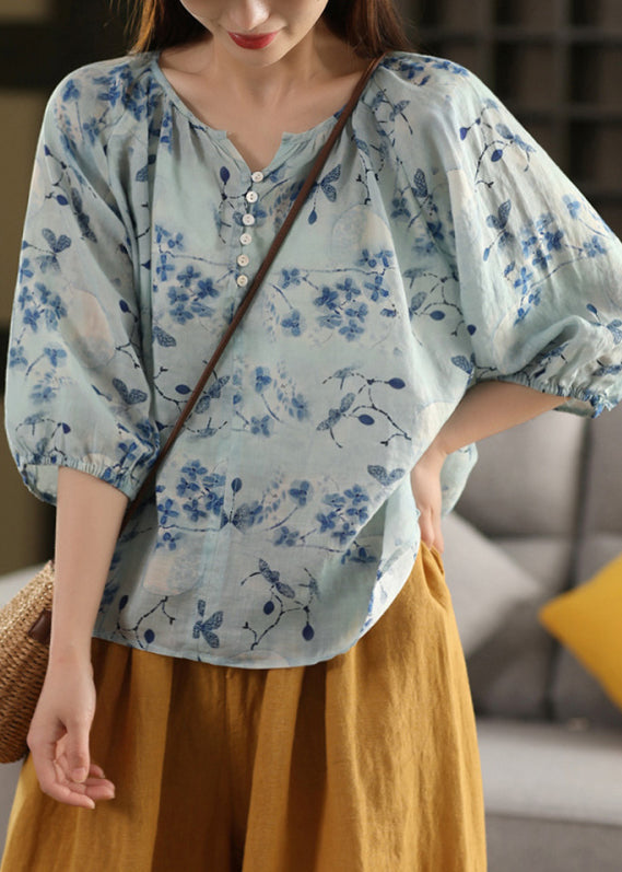 Shirts Neck Print Stylish Bracelet Linen V Blue Sleeve