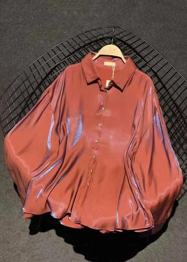 Fall Brick Red Collar Silk Pan Button Shirts Stylish Peter