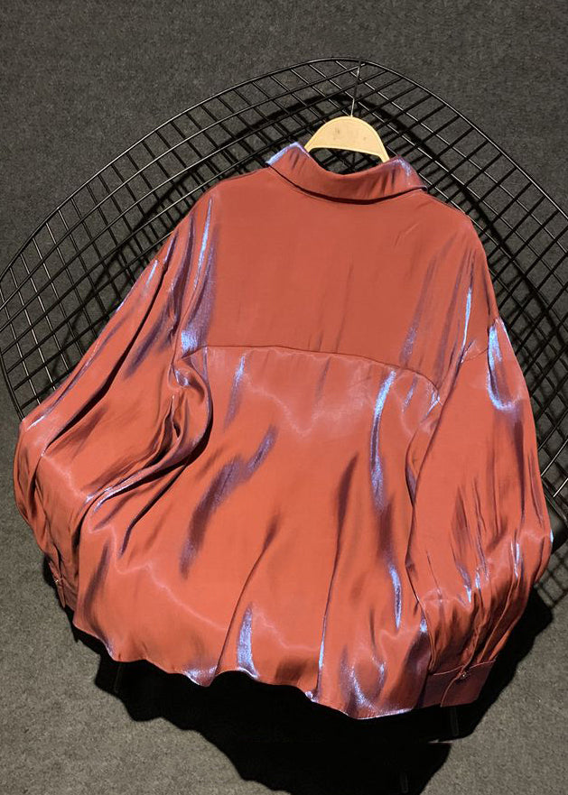 Fall Brick Red Collar Silk Pan Button Shirts Stylish Peter