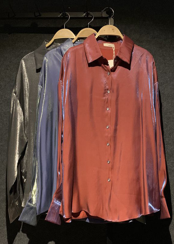 Fall Brick Red Collar Silk Pan Button Shirts Stylish Peter