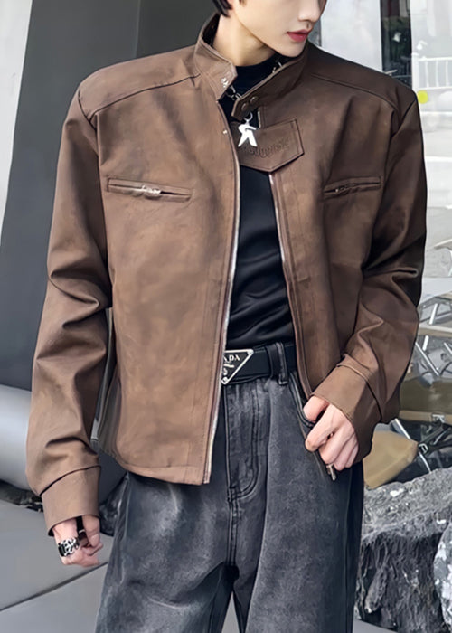 Stylish Brown Stand Collar Zippered Faux Suede Mens Coats Spring RN034