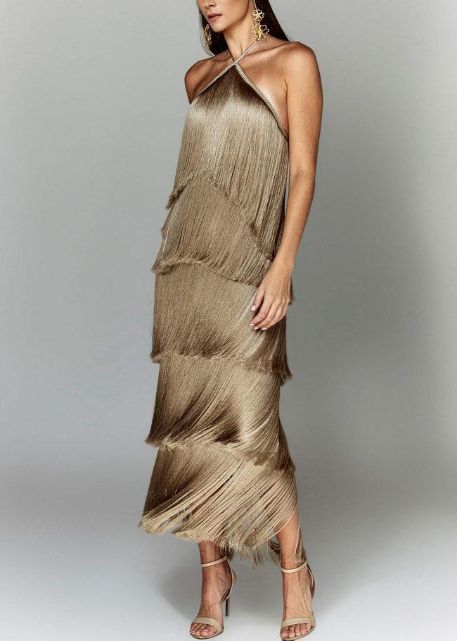Dress Silk Summer Brown Stylish Halter Tasseled Backless
