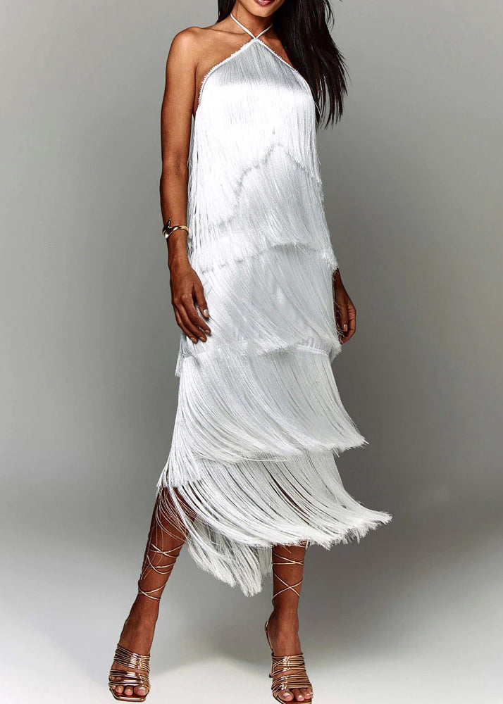 Dress Silk Summer Brown Stylish Halter Tasseled Backless