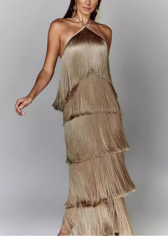 Dress Silk Summer Brown Stylish Halter Tasseled Backless