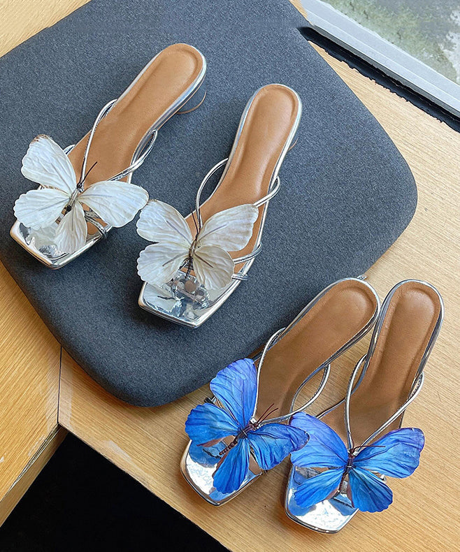 Leather Blue Faux Slide Sandals Splicing Stylish Chunky Butterfly