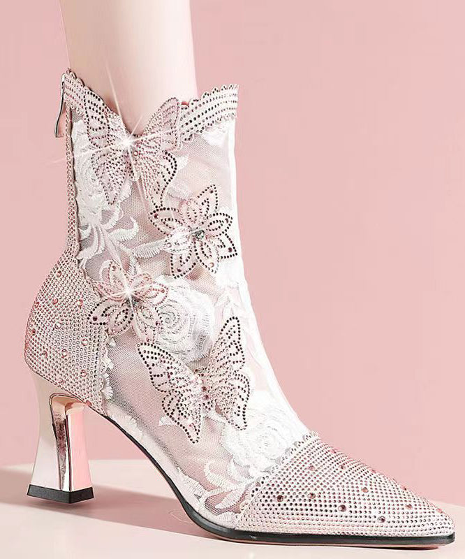 Stylish Butterfly Zircon Splicing Hollow Out High Heel Boots Pink CZ1008