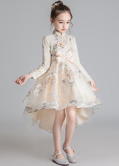 Stylish Champagne Stand Collar Embroideried Low High Design Tulle Girls Long Dresses Fall QV002