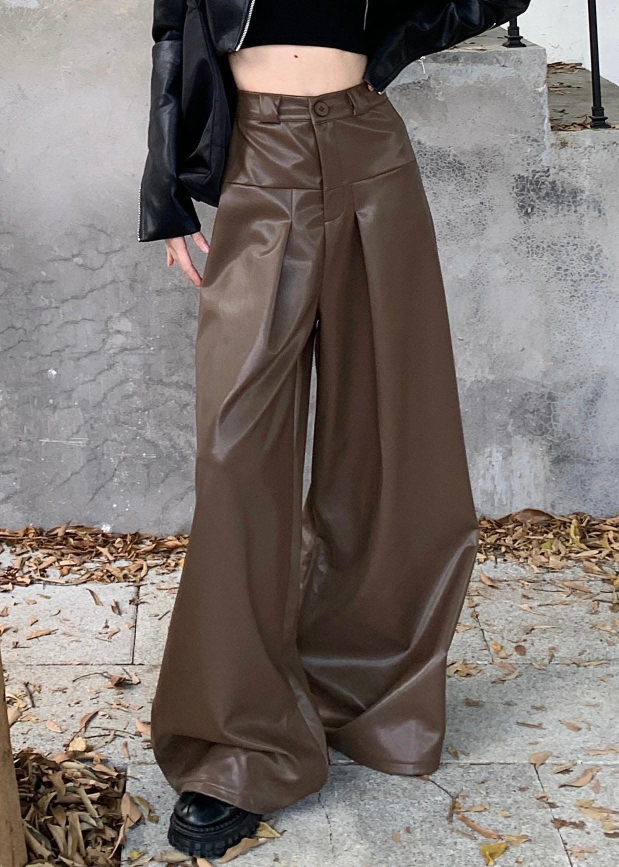 Stylish Coffee Button High Waist Faux Leather Pants Fall PP031