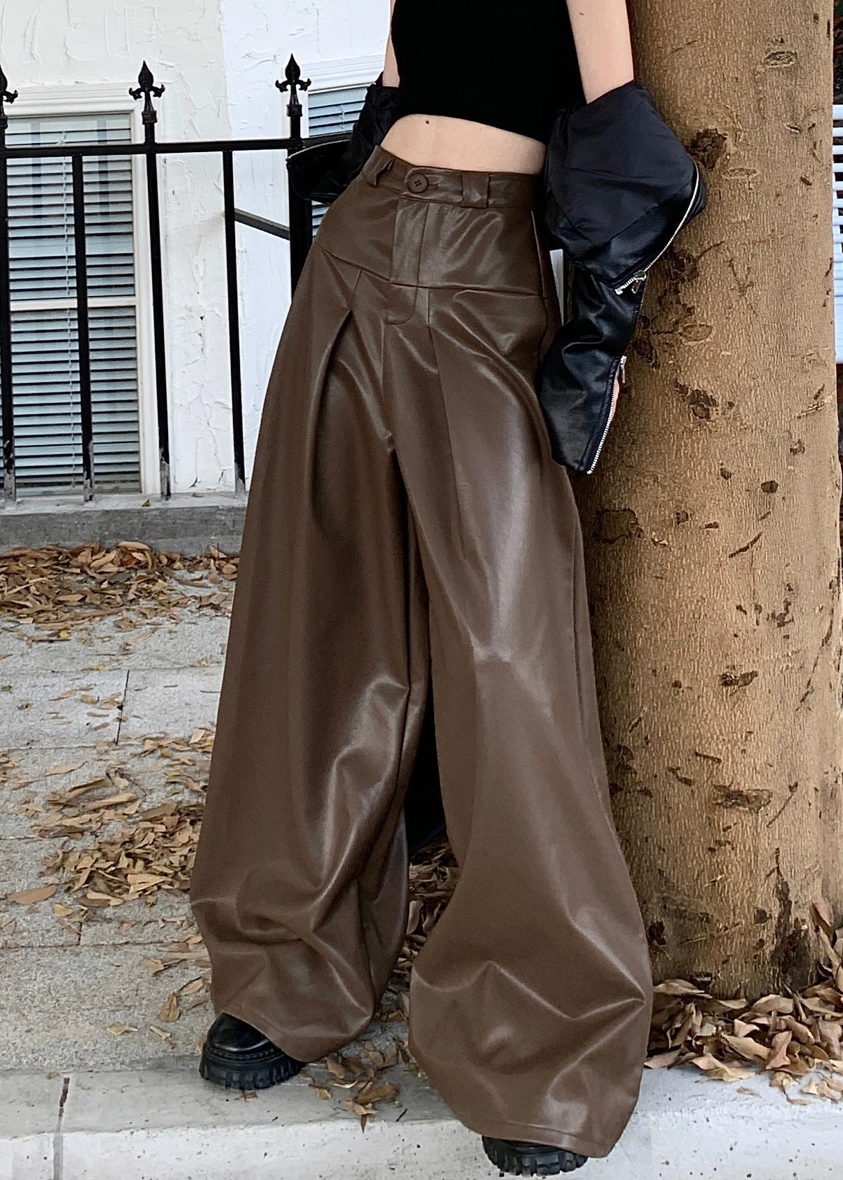 Stylish Coffee Button High Waist Faux Leather Pants Fall PP031