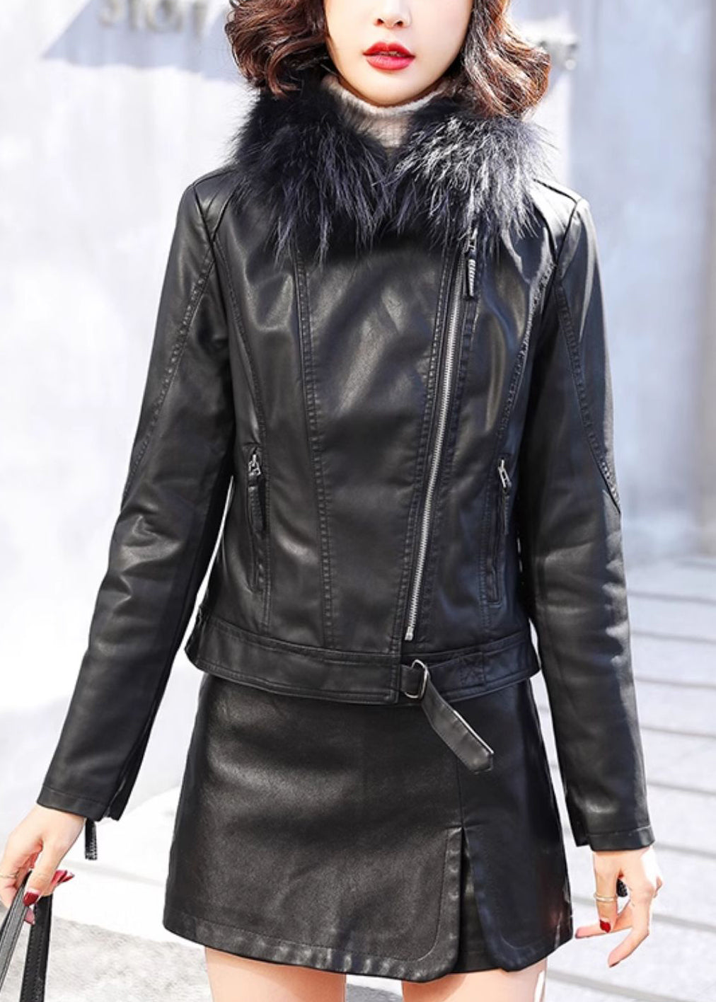 Stylish Coffee Fur Collar Zippered Faux Leather Jacket Winter WL008