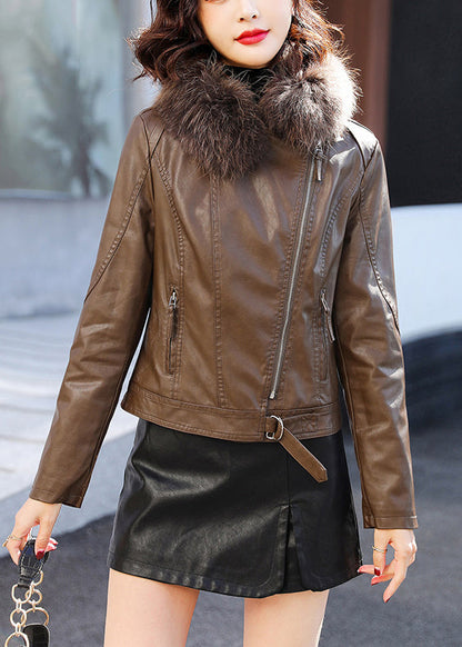 Stylish Coffee Fur Collar Zippered Faux Leather Jacket Winter ER015