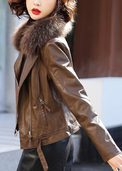 Stylish Coffee Fur Collar Zippered Faux Leather Jacket Winter WL008