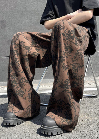 Stylish Coffee Pockets Print Cotton Men Wide Leg Pants Summer YT035