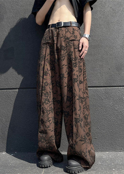 Stylish Coffee Pockets Print Cotton Men Wide Leg Pants Summer YT035