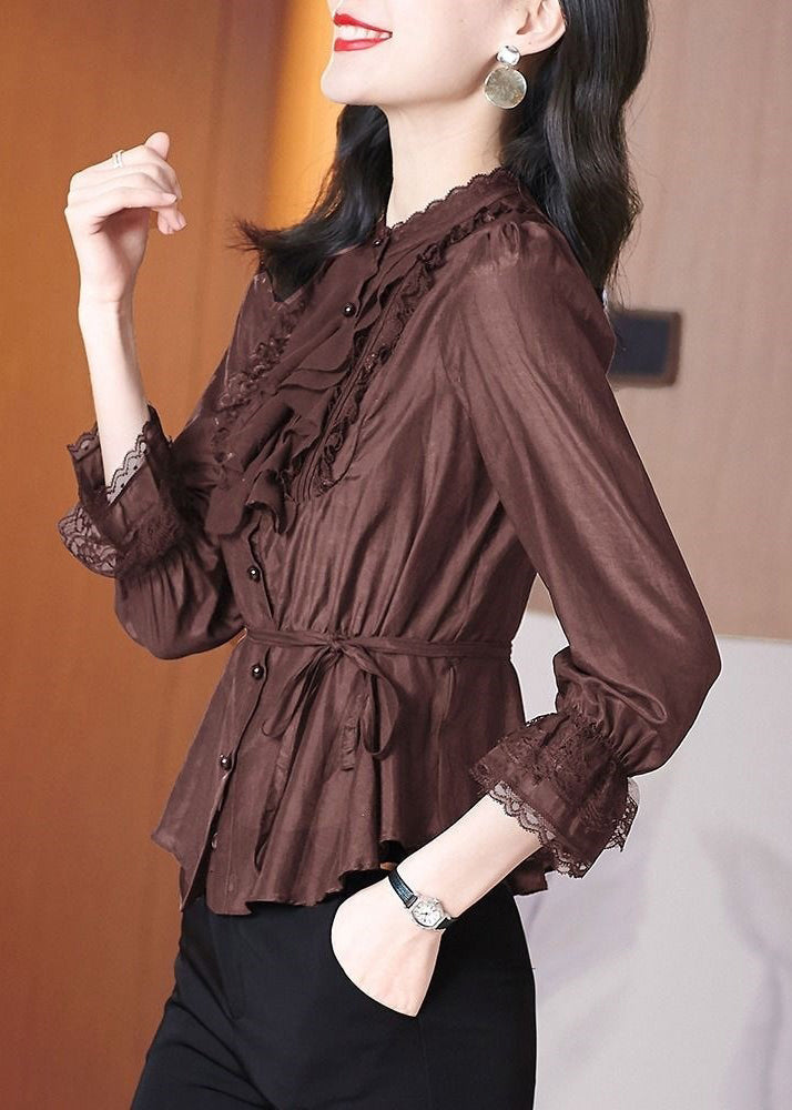 Stylish Coffee Tie Waist Lace Patchwork Shirt Spring RL002