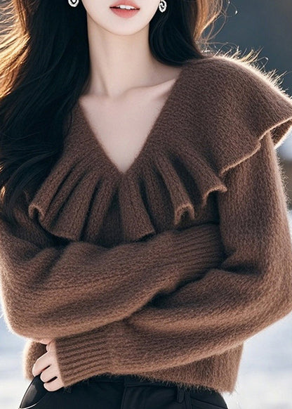 Stylish Coffee V Neck Ruffled Woolen Knit Pullover Spring TQ005