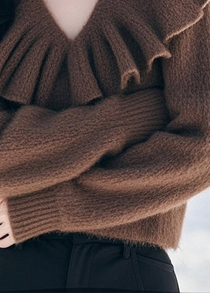 Stylish Coffee V Neck Ruffled Woolen Knit Pullover Spring TQ005