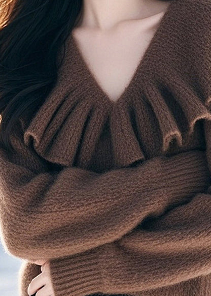 Stylish Coffee V Neck Ruffled Woolen Knit Pullover Spring TQ005