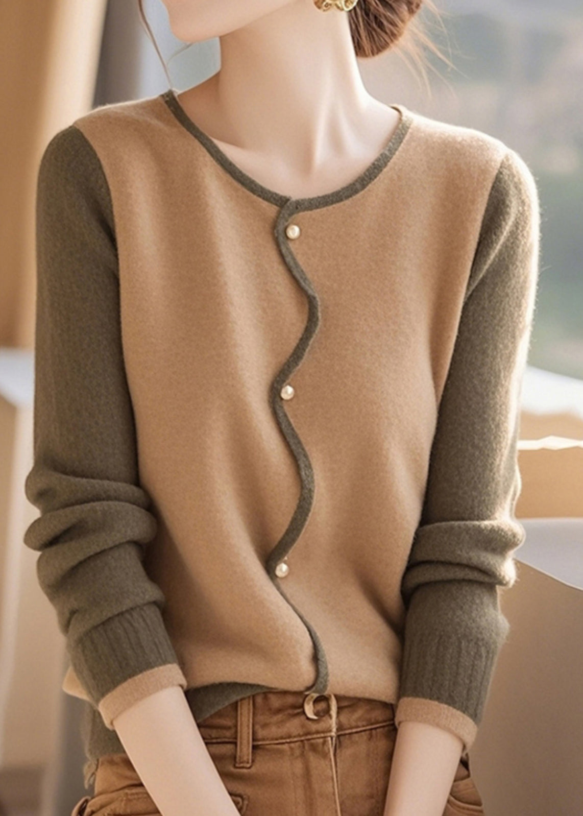 Stylish Colorblock O Neck Button Woolen Cardigans Spring TO044