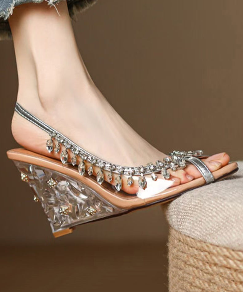 Wedge Cowhide Heels Leather Sequins Splicing Apricot Stylish